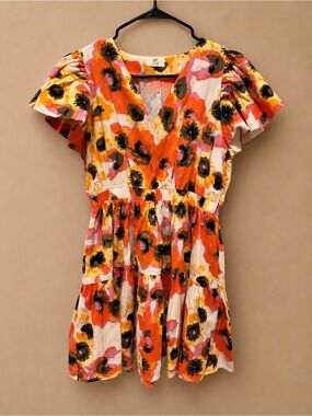 Girl With Soul Floral V-Neck Mini Dress — Orange & Pink Bloom